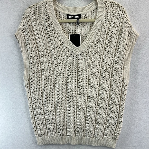 DKNY Jeans Women’s Sweater Vest XL Cream / Gold Open Knit Pattern NWT - Picture 1 of 12